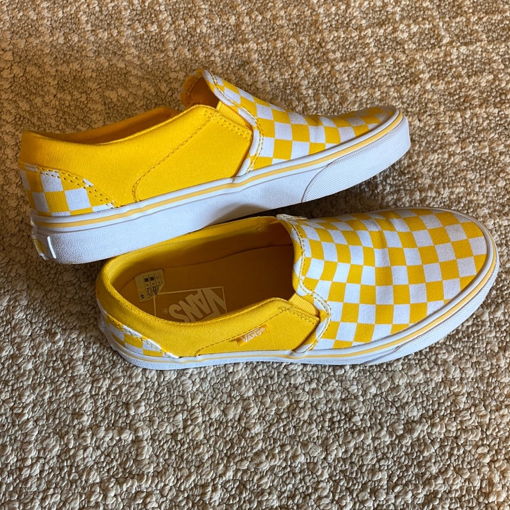 Size 8.5 yellow, checker, slip on vans